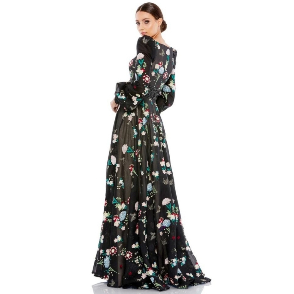 NEW Mac Duggal [ 14 ] Embroidered Bishop Sleeve V Neck Flowy Gown Black [Floral] - Picture 2 of 3